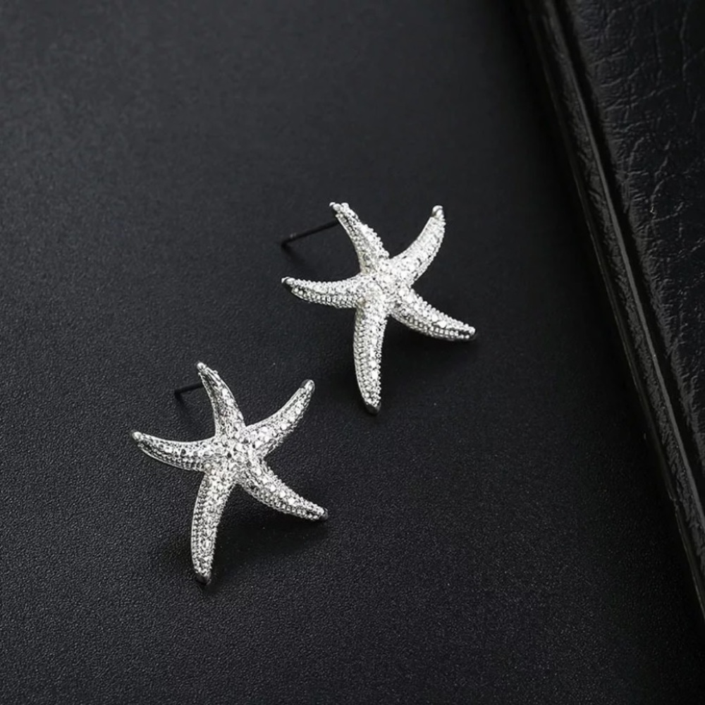 5/$25 Silver Textured Sea Starfish Stud Earrings - Picture 2 of 4